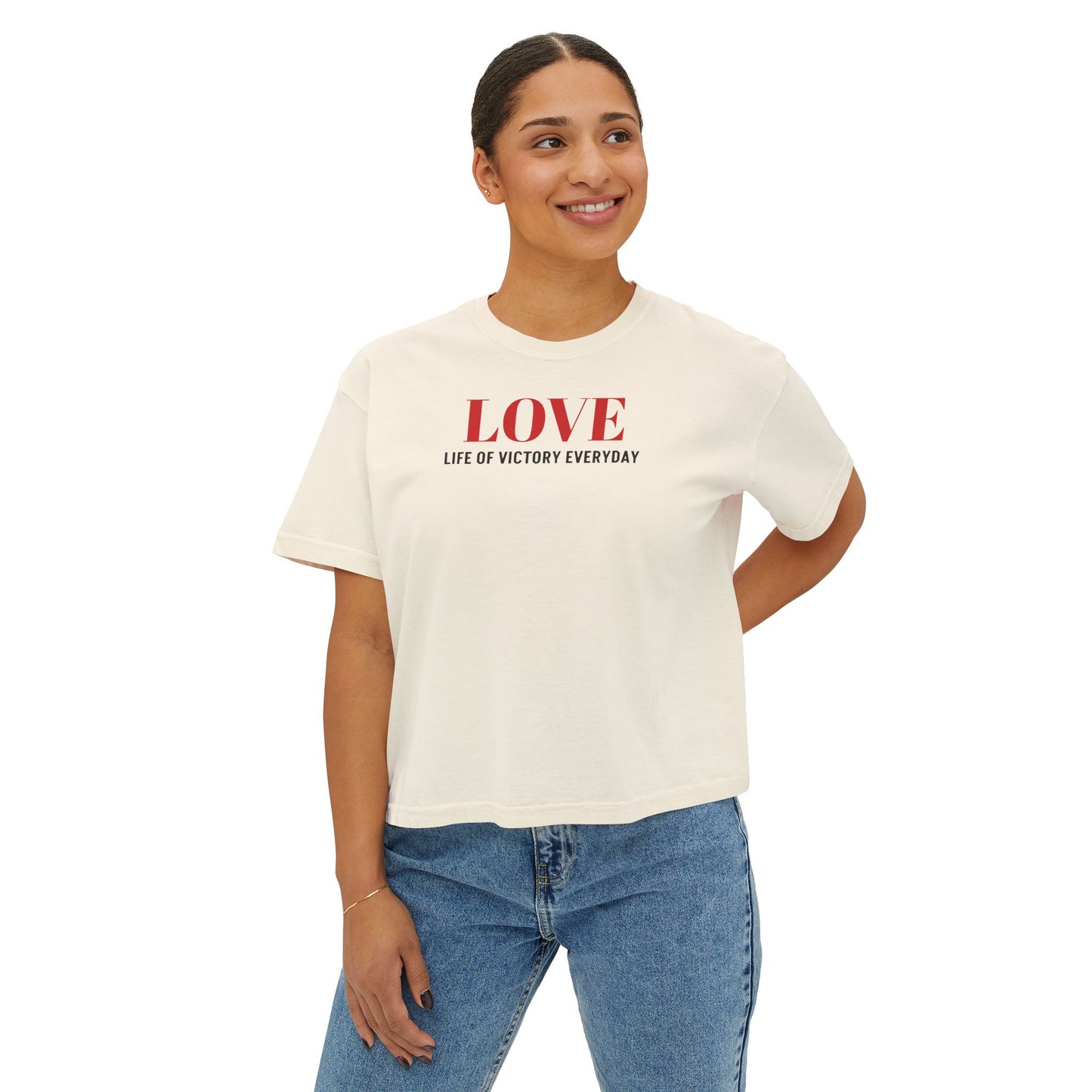 LOVE Heart Boxy Tee — "L.O.V.E. Life of Victory Everyday" Women's Crop T-Shirt