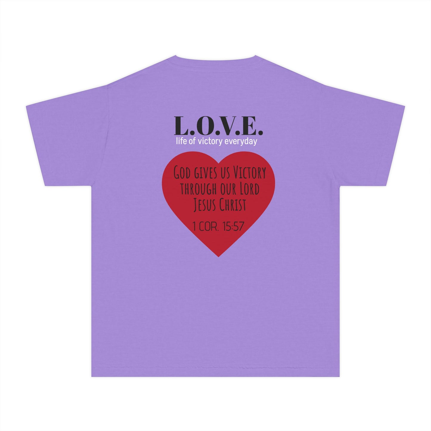 Youth Tee — 'L.O.V.E.' Christian Heart Shirt (1 Cor. 15:57)
