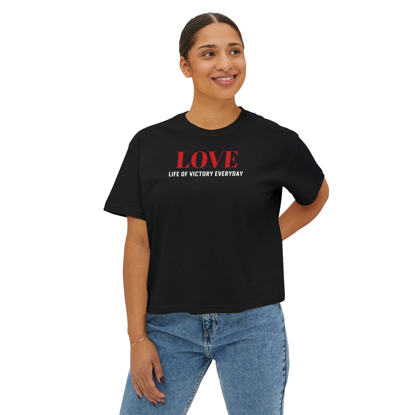 LOVE Heart Boxy Tee — "L.O.V.E. Life of Victory Everyday" Women's Crop T-Shirt