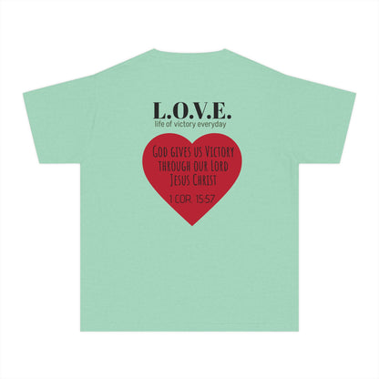 Youth Tee — 'L.O.V.E.' Christian Heart Shirt (1 Cor. 15:57)