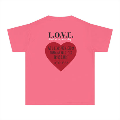 Youth Tee — 'L.O.V.E.' Christian Heart Shirt (1 Cor. 15:57)