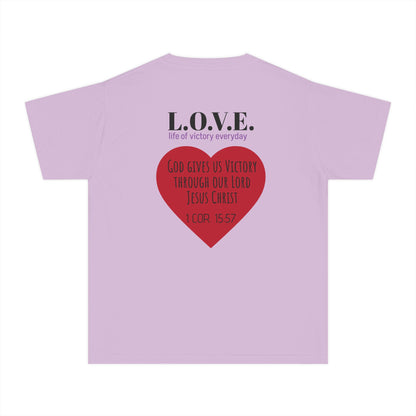 Youth Tee — 'L.O.V.E.' Christian Heart Shirt (1 Cor. 15:57)