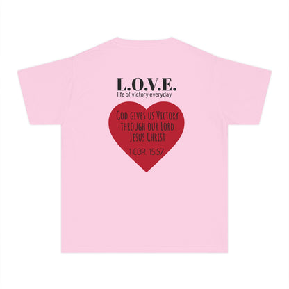 Youth Tee — 'L.O.V.E.' Christian Heart Shirt (1 Cor. 15:57)