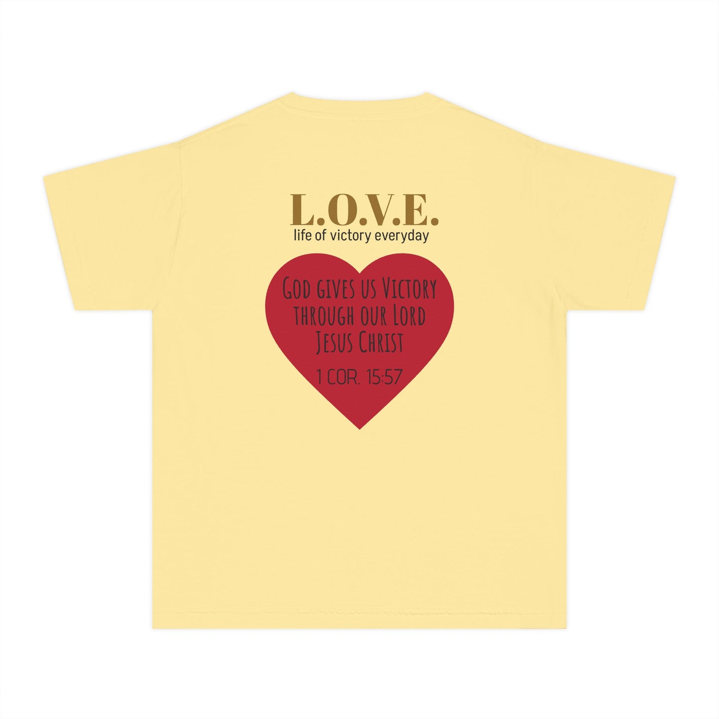 Youth Tee — 'L.O.V.E.' Christian Heart Shirt (1 Cor. 15:57)