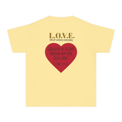 Youth Tee — 'L.O.V.E.' Christian Heart Shirt (1 Cor. 15:57)