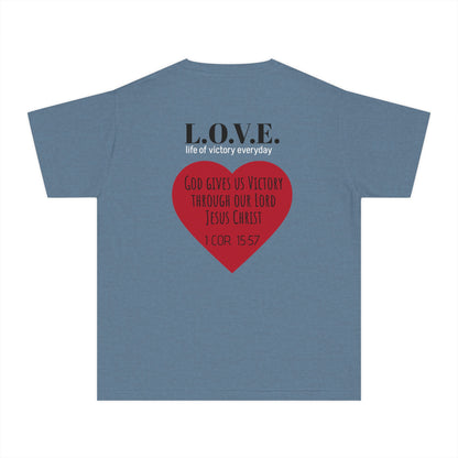 Youth Tee — 'L.O.V.E.' Christian Heart Shirt (1 Cor. 15:57)