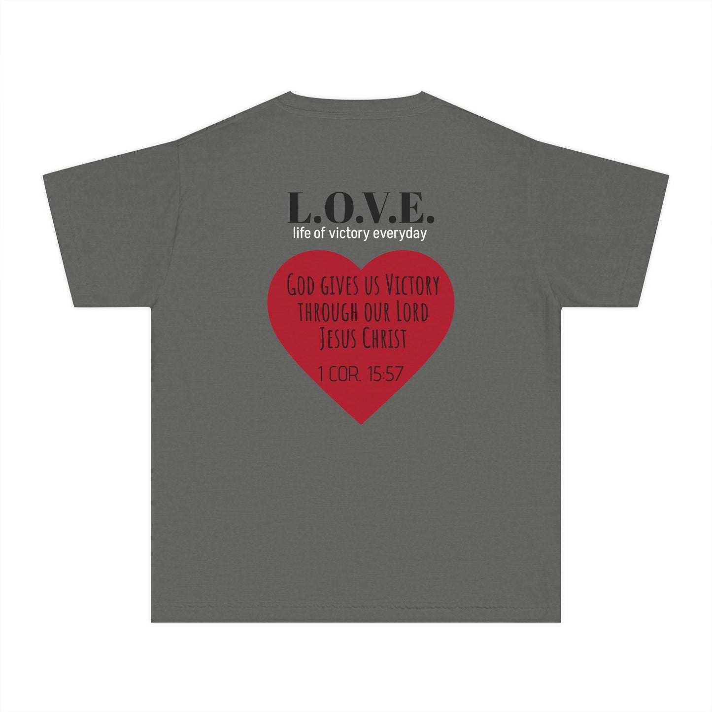 Youth Tee — 'L.O.V.E.' Christian Heart Shirt (1 Cor. 15:57)