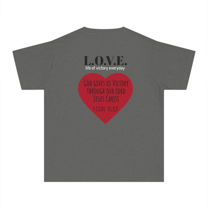 Youth Tee — 'L.O.V.E.' Christian Heart Shirt (1 Cor. 15:57)
